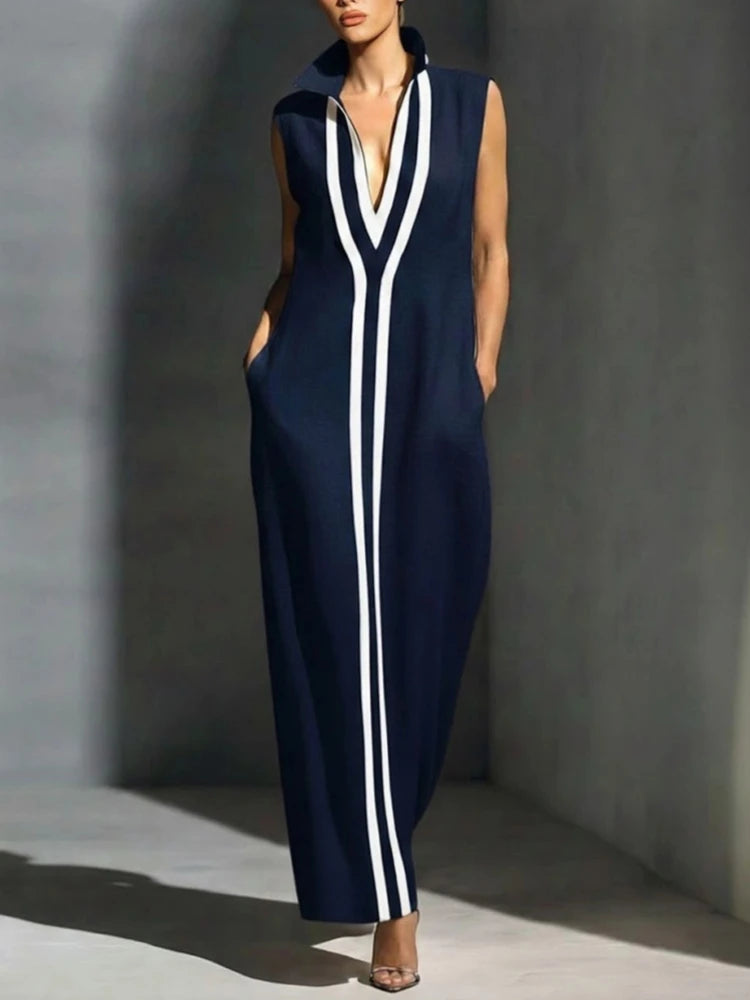 Fashion Colourblock Maxi Dress Women Casual Deep V-neck Sleeveless Loose Dresses 2026 Summer Elegant Party Street Vestidos