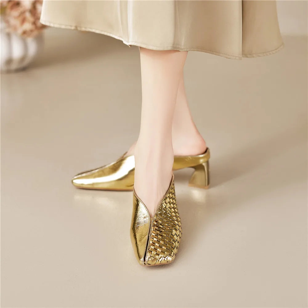 Metallic Cow Leather Slip-On Heels — Gold | KIMLUD