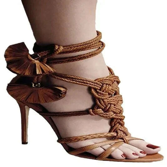 KIMLUD, Open Toe Rope Straps Sandals Ankle Lace Up Fanshaped Tassel Decor Stiletto Heels Shiny Leather Fashion Women Summer Roman Shoes, KIMLUD Womens Clothes