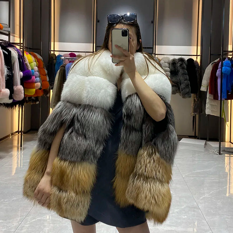 KIMLUD, JANEFUR Women's Winter Warm Cloak True Fox Fur Cloak Six-section Stand-up Collar Fox Poncho Winter Female Cape, KIMLUD Womens Clothes