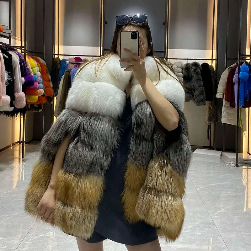 KIMLUD, JANEFUR Women's Winter Warm Cloak True Fox Fur Cloak Six-section Stand-up Collar Fox Poncho Winter Female Cape, KIMLUD Womens Clothes