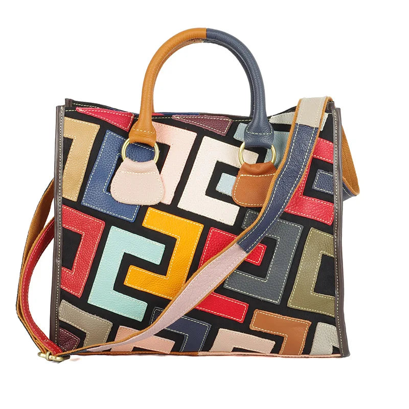 Genuine Leather Color-Contrasting Tote Bag — Black | KIMLUD