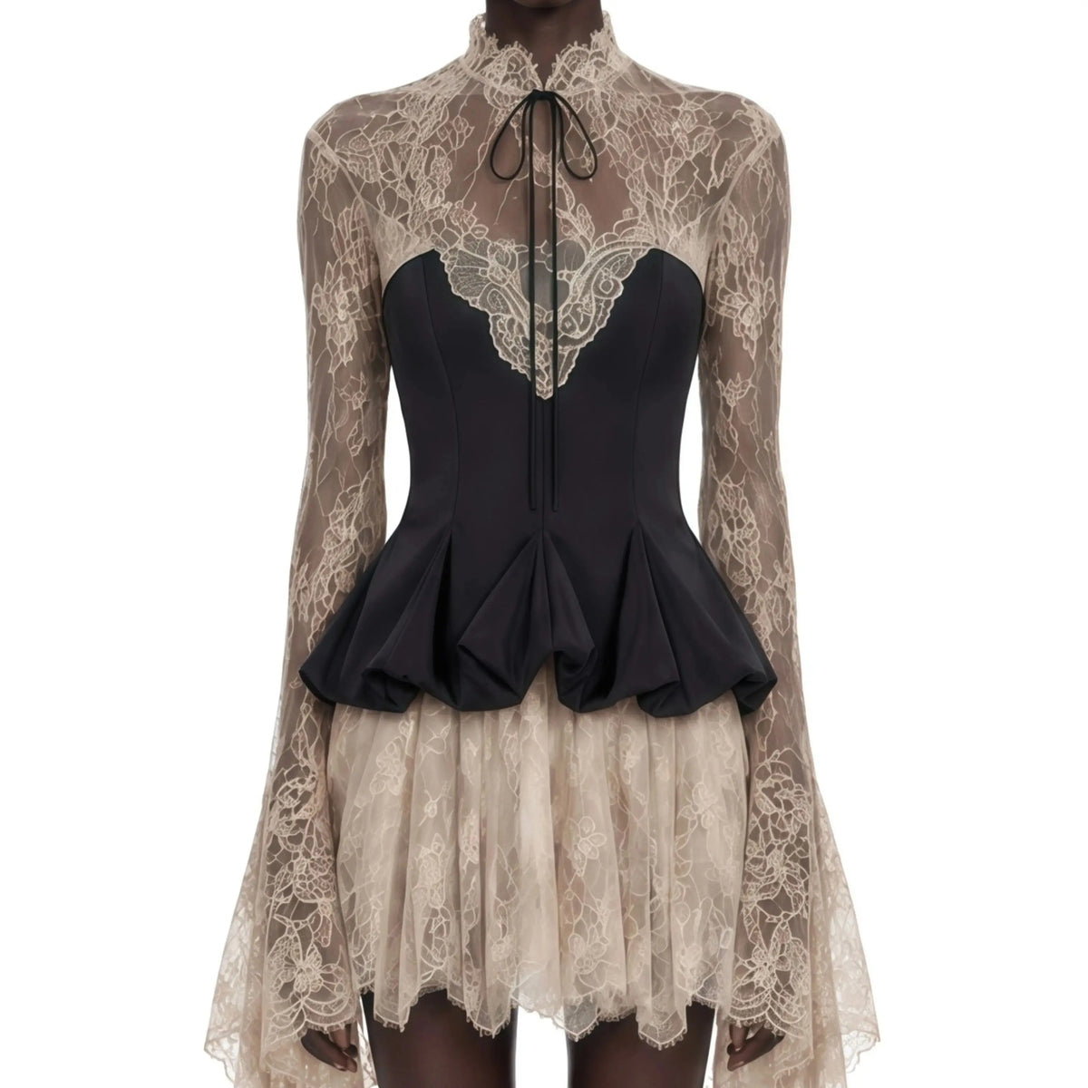Lace Mini Evening Dress – High Neck Corset – Lace – Black | KIMLUD