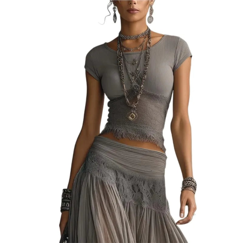 Lace-Spliced Maxi Two-Piece Set Slim-Fit Top And High-Waisted Skirt — Slate Gray | KIMLUD