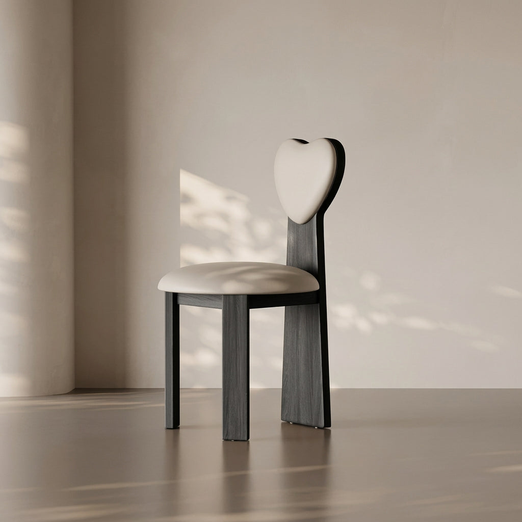 Modern chair with a unique design in a minimalistic setting, featuring the MEA Chair brand.