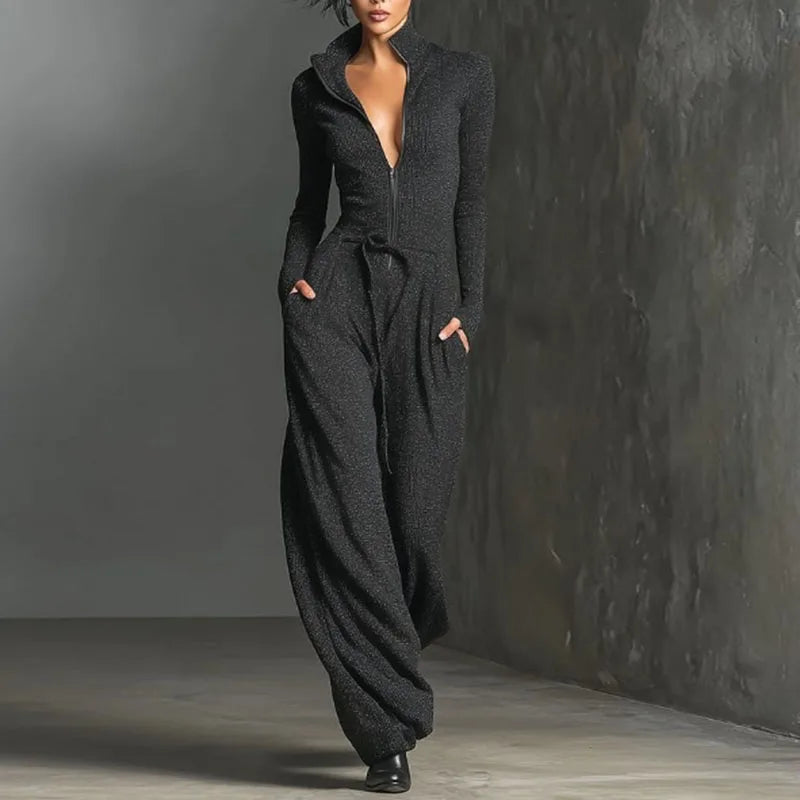 Slim Straight Jumpsuit V Neck Zip Long Sleeve High Waist Pocket — Black | KIMLUD