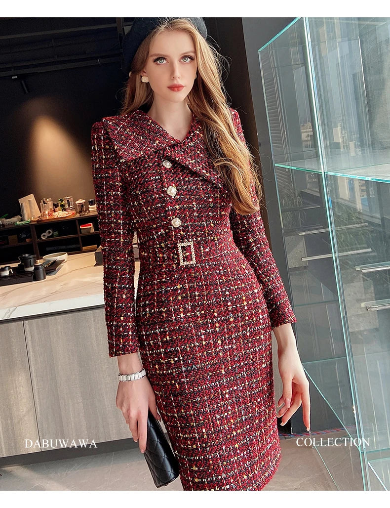 Tweed Dress Asymmetric Large Lapel Slimming — Black | KIMLUD