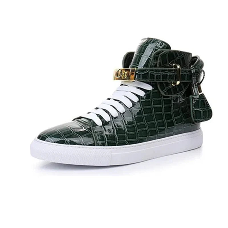 High Top Sneakers – Gold Buckle – Crocodile Pattern Leather | KIMLUD