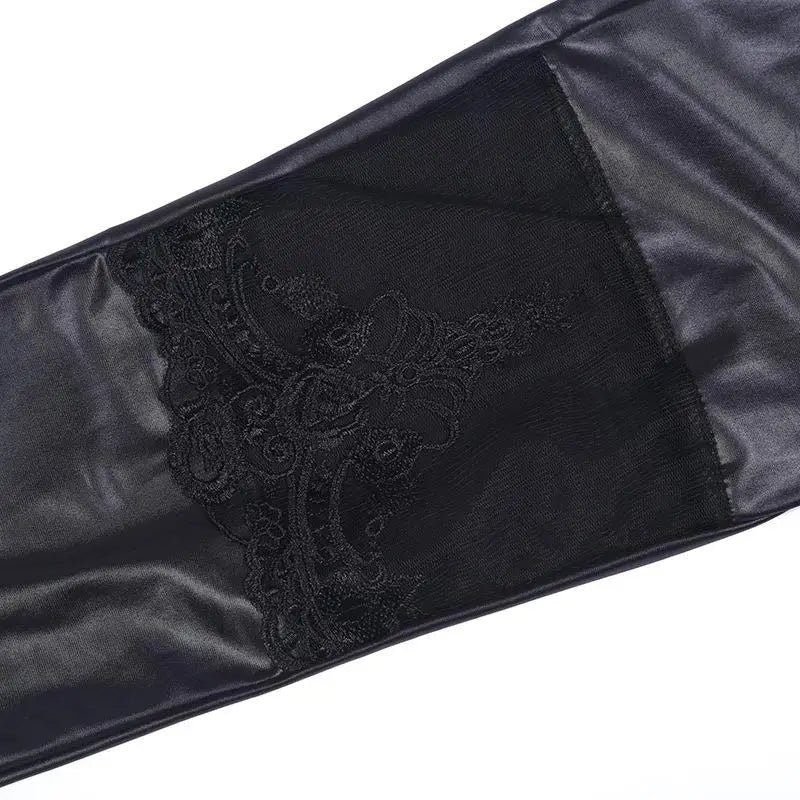 Lace Leather Patchwork Crop Pants Leggings — Black | KIMLUD