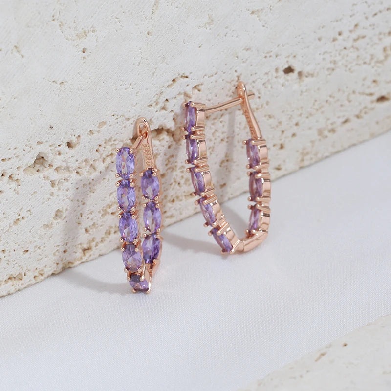 Luxury Full Claw Oval Purple Zircon Metal Earrings 585 Gold Color Ear Drop Statement Jewelry Women Party Wedding Accessories