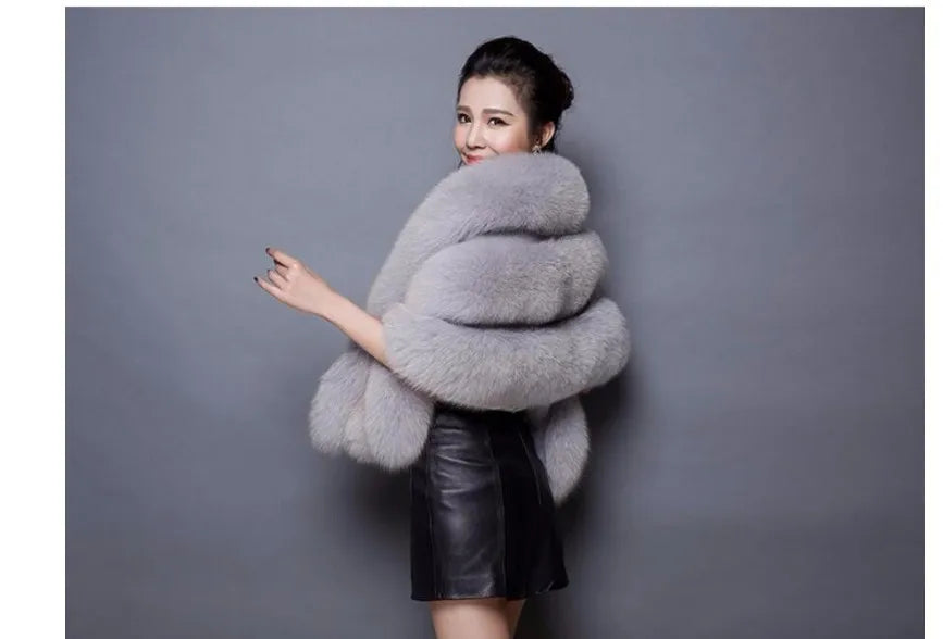 Faux Fur Fox Women Coats Shawl Cloak Coat Thick Open Stitch Elegant Maxi Warm Wedding Work Thick Outerwear Autumn Winter