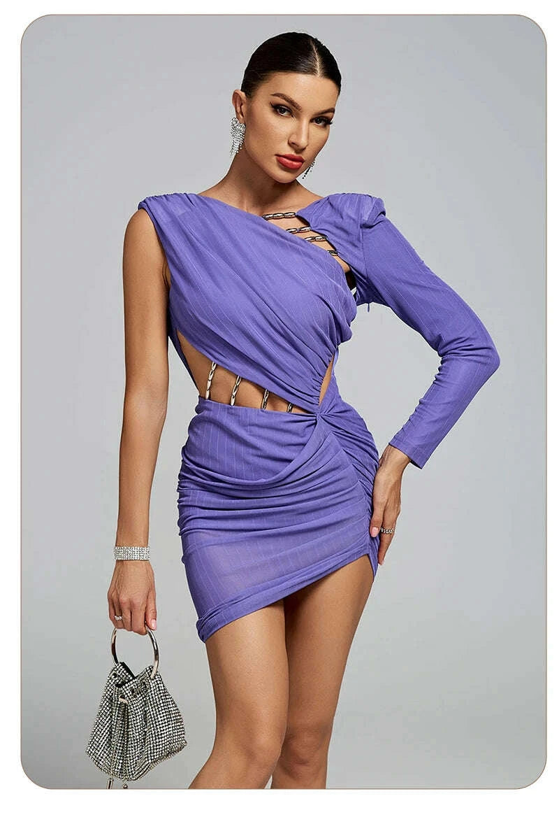 KIMLUD, VC Party Glamour Purple One-Shoulder Cutout Chain Mini Dress for Summer Fashion Gala Gown, KIMLUD Womens Clothes