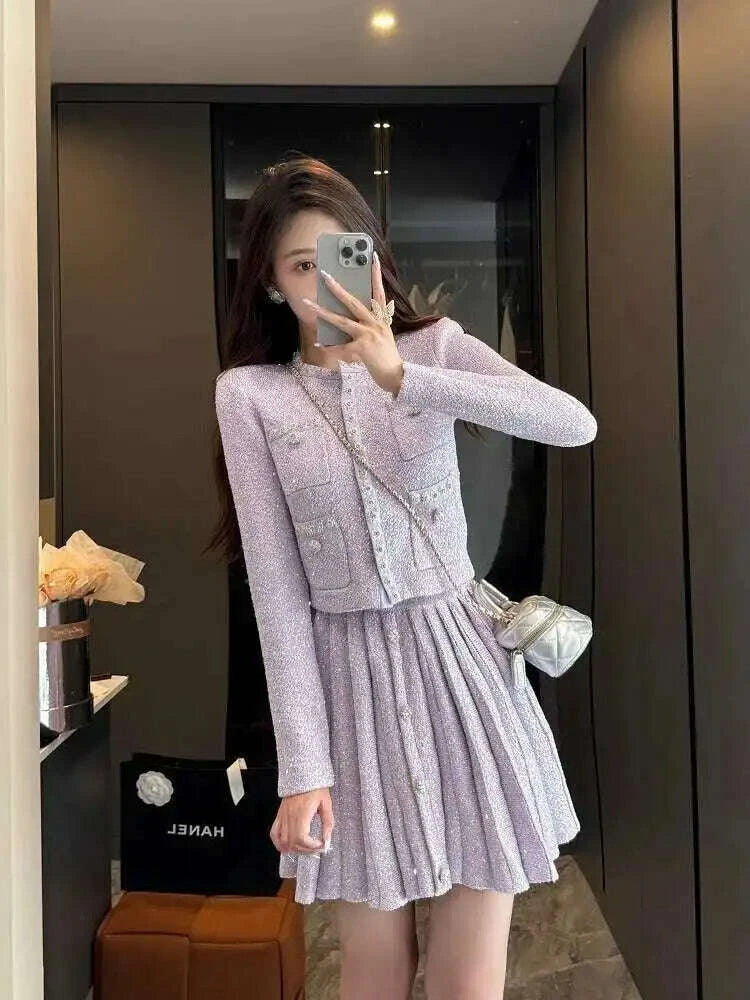 KIMLUD, Autumn Winter Knitted Two Piece Women Set Diamonds Beading Jackets Caridgants Short Skirts Suits 2pcs Outfits, KIMLUD Womens Clothes