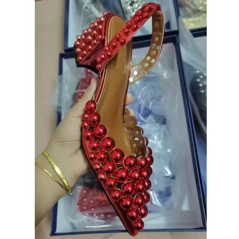 Rivet Studded Sandals With Crystal Bead — Red | KIMLUD