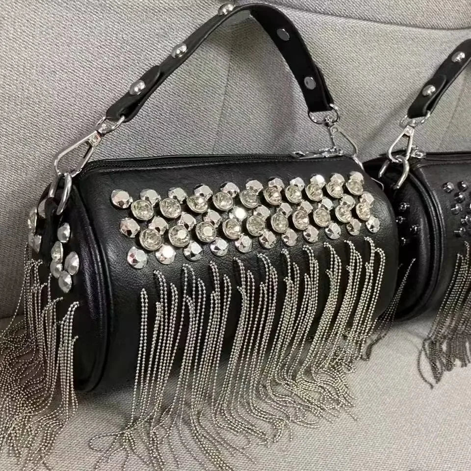 Handbag Mini Tassel Rivet Bucket Bag - Black | KIMLUD