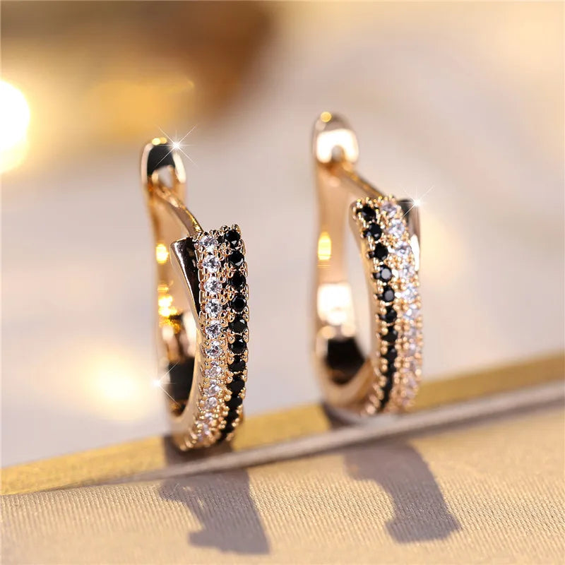 Gold-Tone Zircon Clip Earrings Geometric Arc With Black And White Stones — Gold | KIMLUD