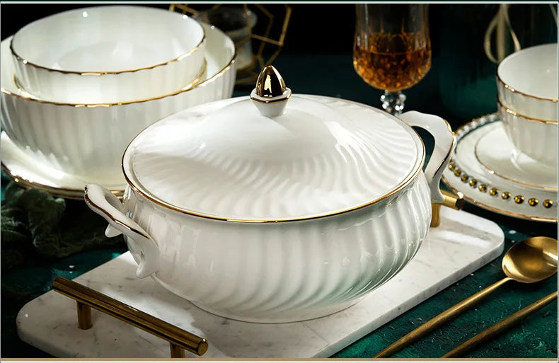 Bone China Dinnerware Set With Gold Accents — White | KIMLUD