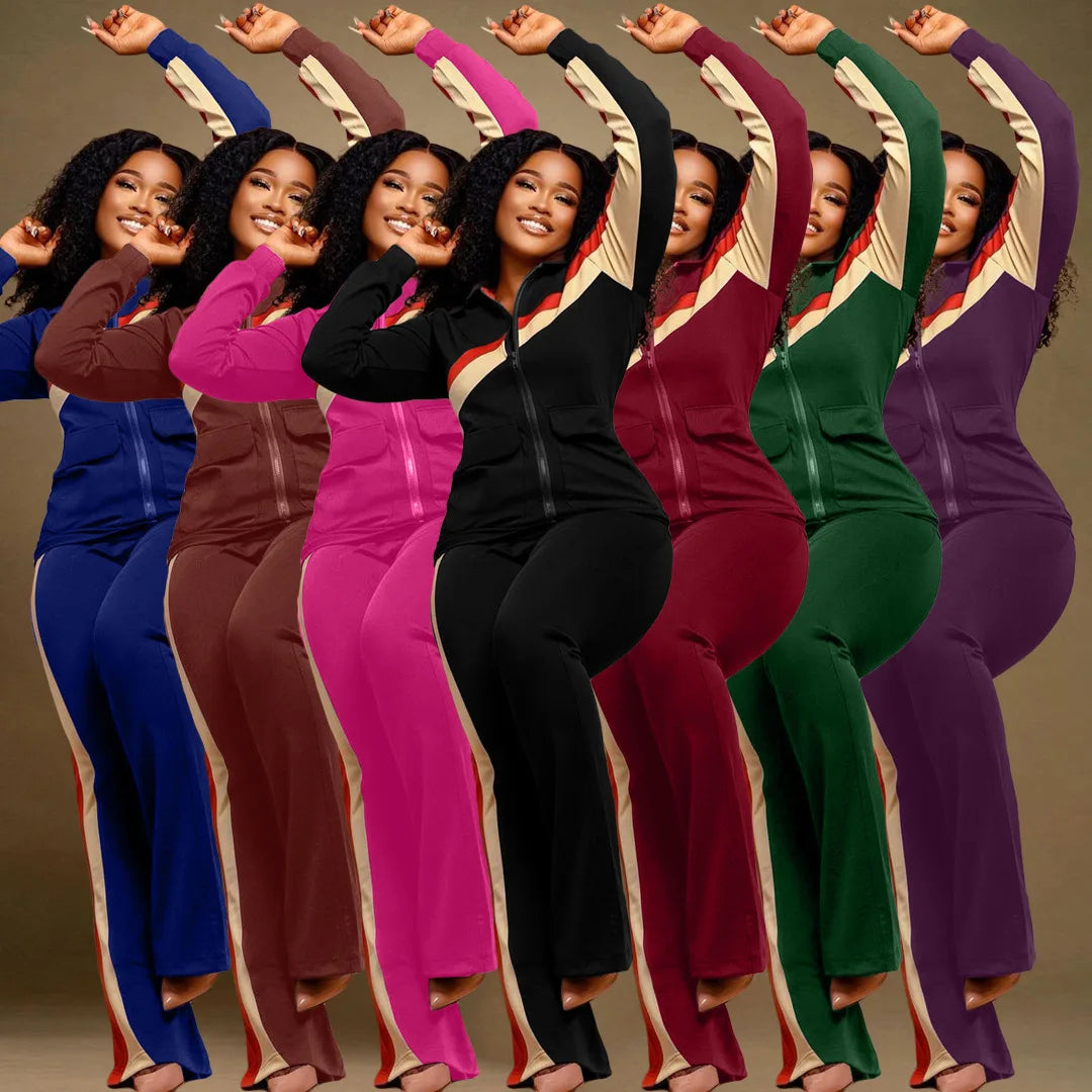 Custom LOGO Spring Women's Sports Casual Fashion Color-matching Pocket Lapel Zipper Top Straight Pants Two-piece Set S-4XL