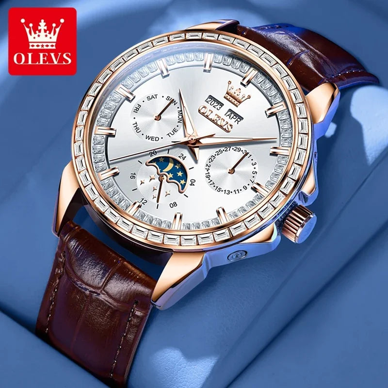 OLEVS 6695 NEW Men's Watches Full Multifunctional Dial Blue Leather Strap Calendar Week Moon Phase Waterproof Wristwatch