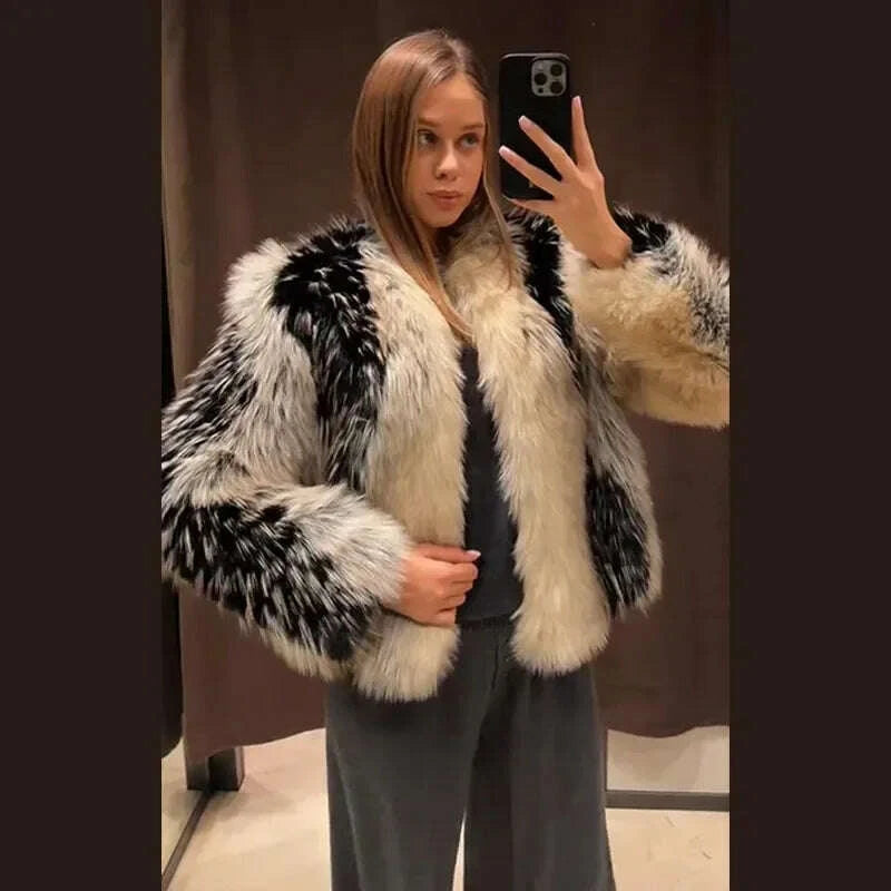 KIMLUD, Stylish Contrast Faux Fur Women Coat Elegant O-neck Single Breasted Full Sleeve Female Coats 2025 Winter Chic Lady Jacket, KIMLUD Womens Clothes