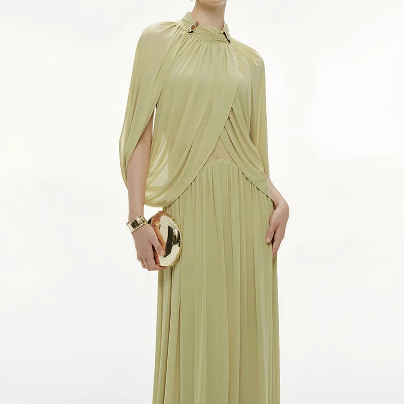 Brocade Gown Cross-Sleeved Ruched Form-Fitting With O-Neck And Ankle-Length Silhouette — Champagne Yellow | KIMLUD