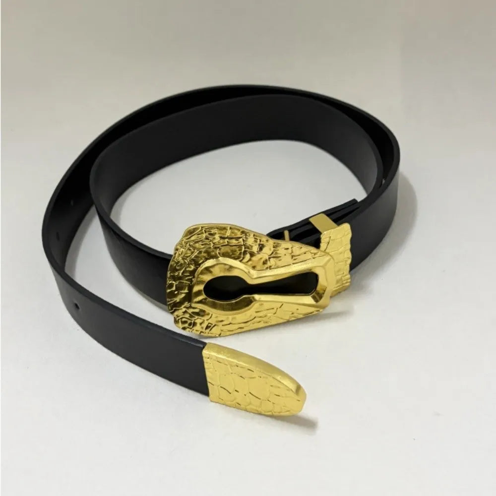 PU Leather Belt With Antique Gold Engraved Buckle — Black | KIMLUD