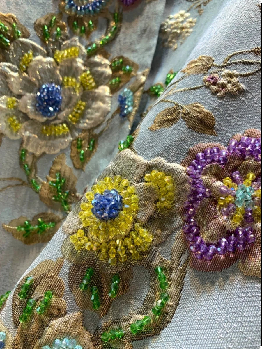 Luxury Lady Vintage Autumn Embroidery Jacket Women Floral Beading Long Coat Covered Button Outwear Trench O-neck