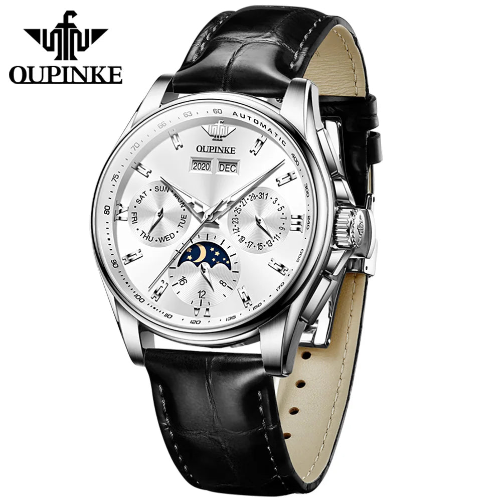 Leather Strap Automatic Watch Moon Phase Chronograph — Silver | KIMLUD