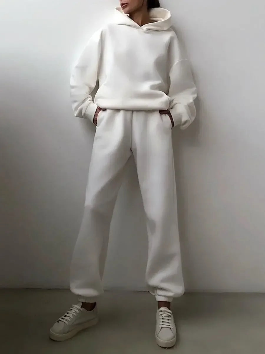 Fleece Tracksuit Two-Piece Hooded Set — Black | KIMLUD