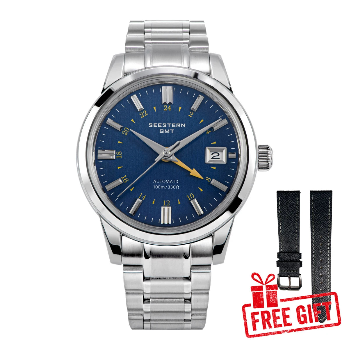 SEESTERN S446 Men Watch Automatic Mechanical Wristwatches NH34 GMT Movement 100m Waterproof Domed Sapphire Crystal Clock Limited