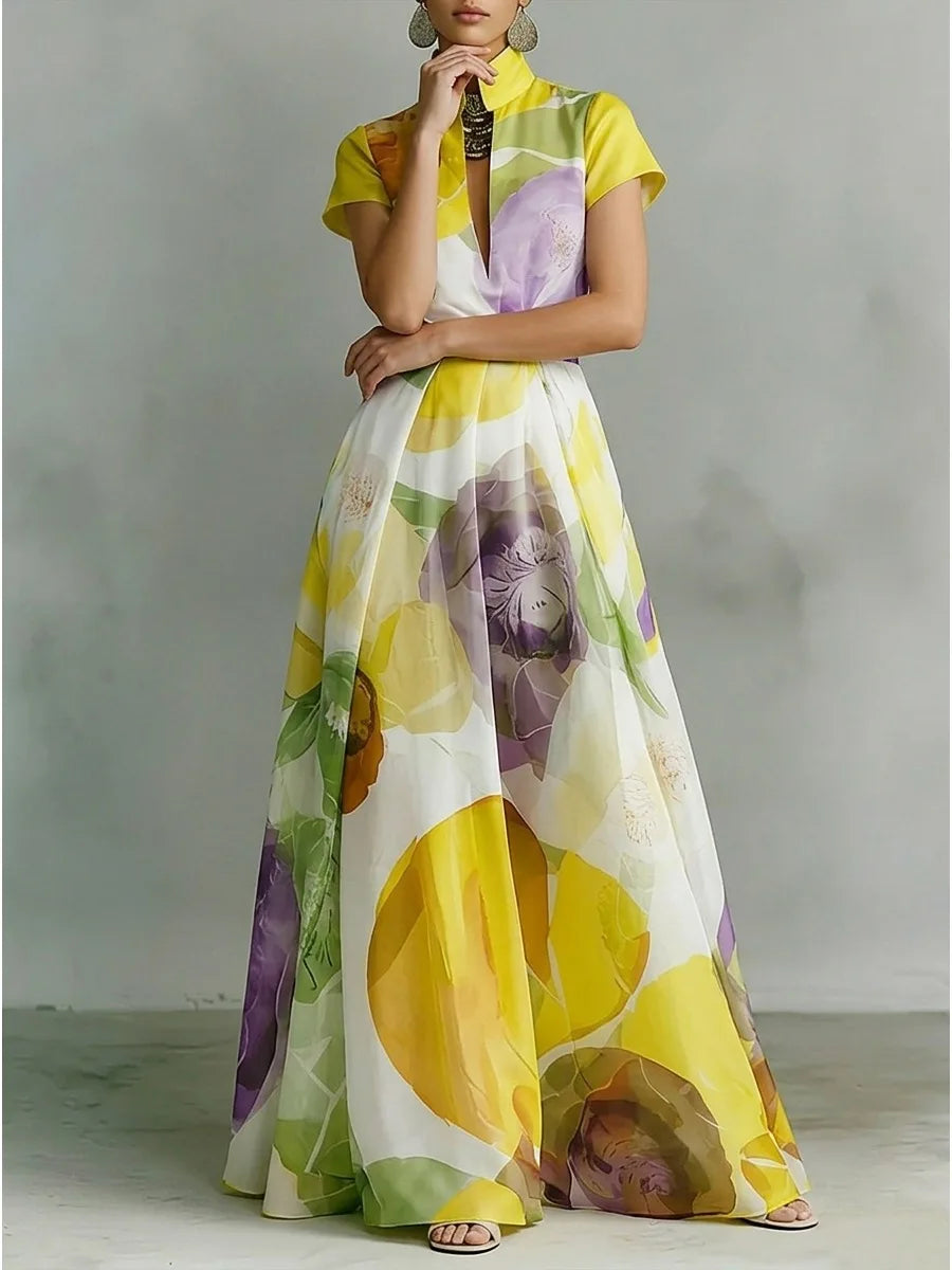 Maxi Dress – Floral Print – Polyester – Deep V-Neck | KIMLUD
