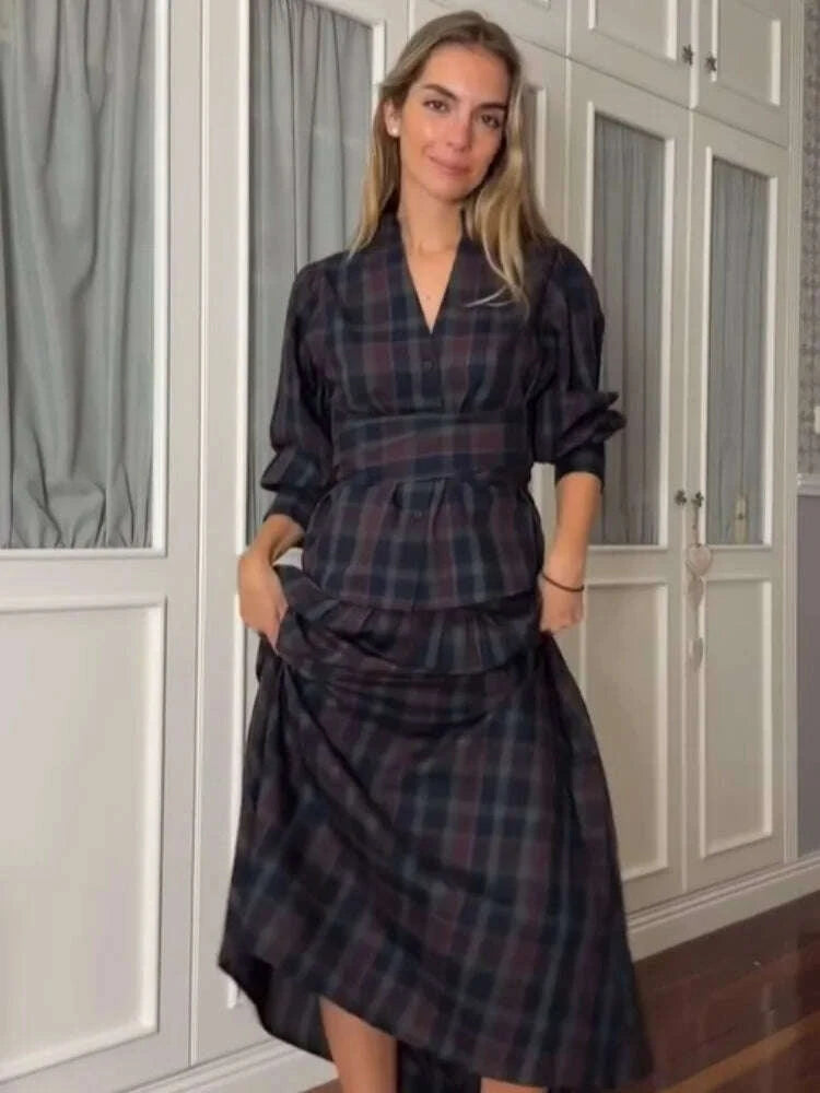 casual-v-neck-checkered-lace-up-suit-women-fashion-long-lantern-sleeves-single-breasted-slim-set-2025-lady-commute street-outfitkimlud-womens-clothes-35081344