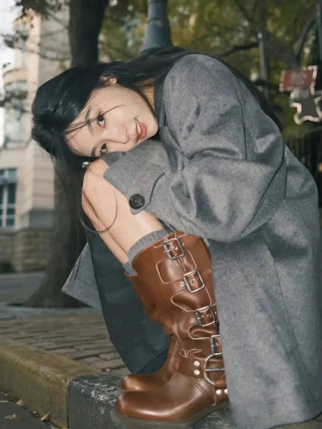 2025 Genuine Leather Platform Rivet Motorcycle boots Round toe Belt buckle Block heel mid wide calf Western boots