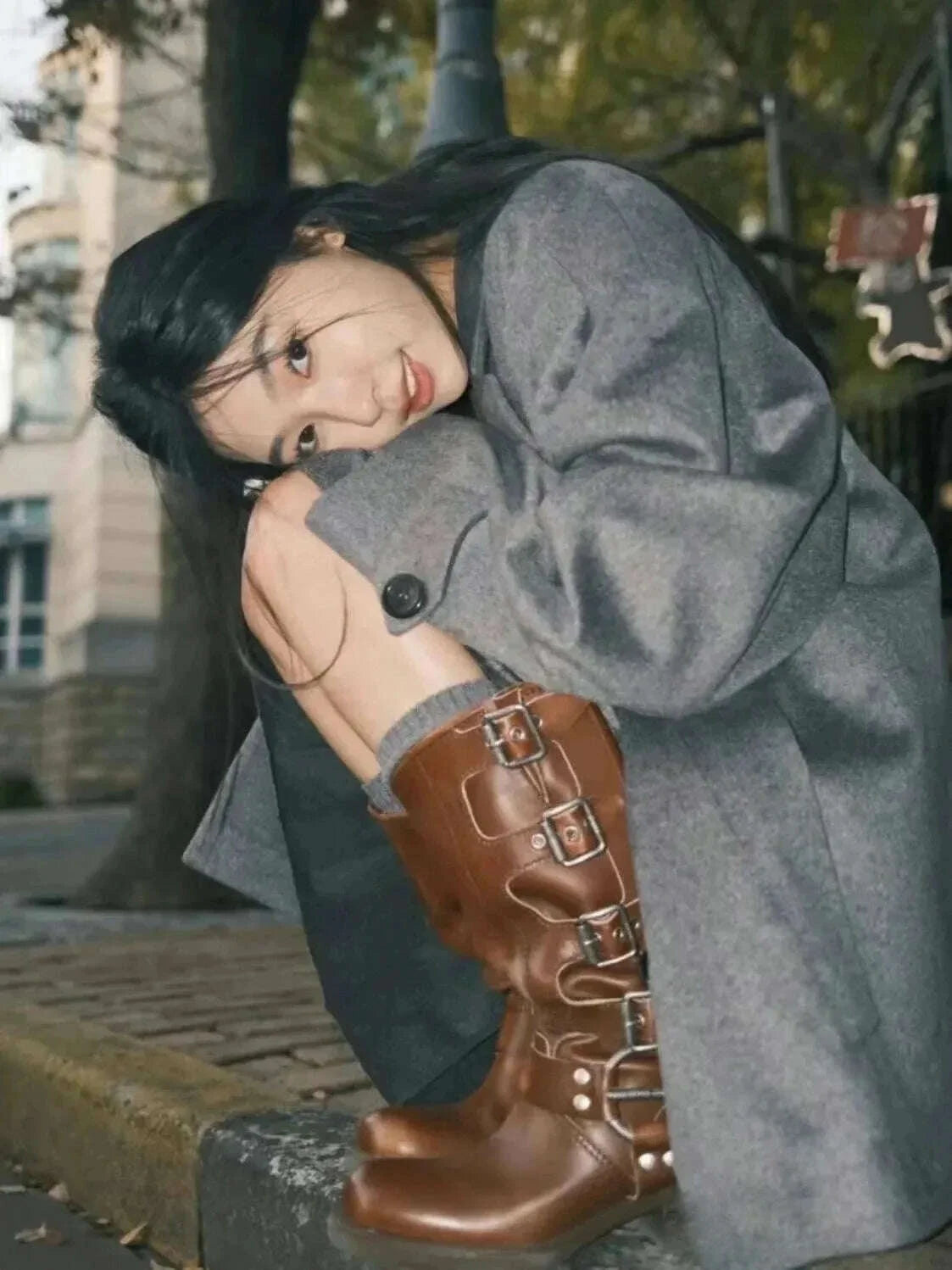 KIMLUD, 2025 Genuine Leather Platform Rivet Motorcycle boots Round toe Belt buckle Block heel mid wide calf Western boots, KIMLUD Womens Clothes