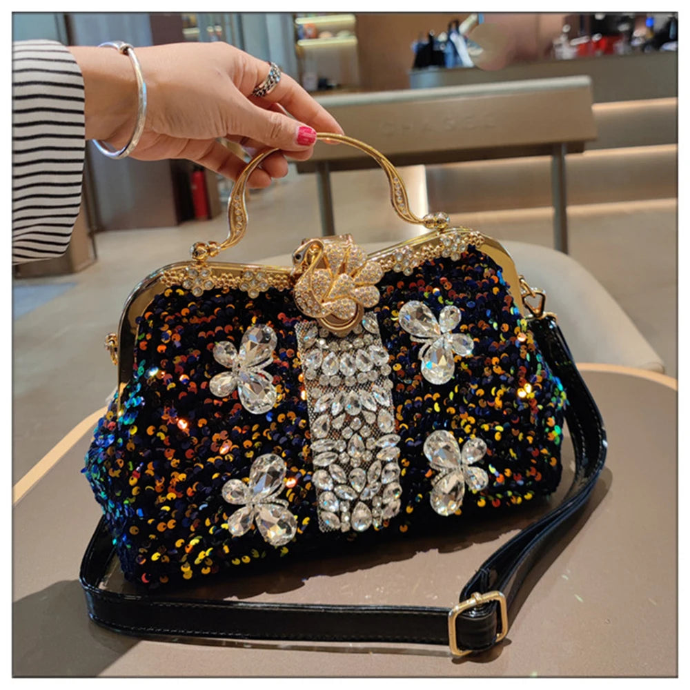 Leather Crystal Sequin Buckle Handbag — Black | KIMLUD