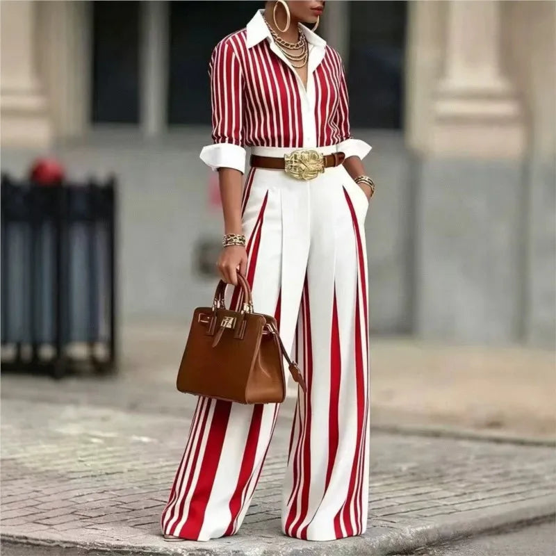 Women Fashion Striped Printed Shirt Two Piece Sets Autumn Lapel Single-Breasted Long Sleeve Shirt Top + Wide Leg Pants Outfit