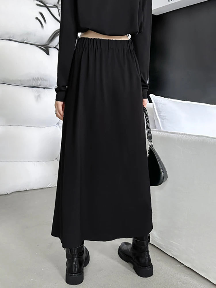 Skirt – High Elastic Waist Zipper A-Line Split – Jersey – Black | KIMLUD