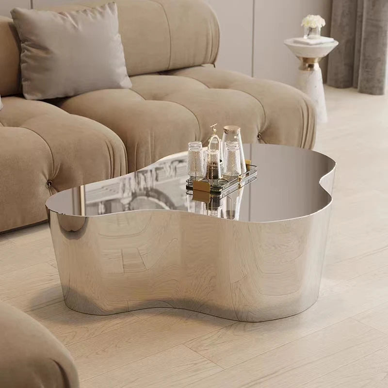 Industrial Metal Coffee Table Sculptural — Brushed Stainless Steel | KIMLUD