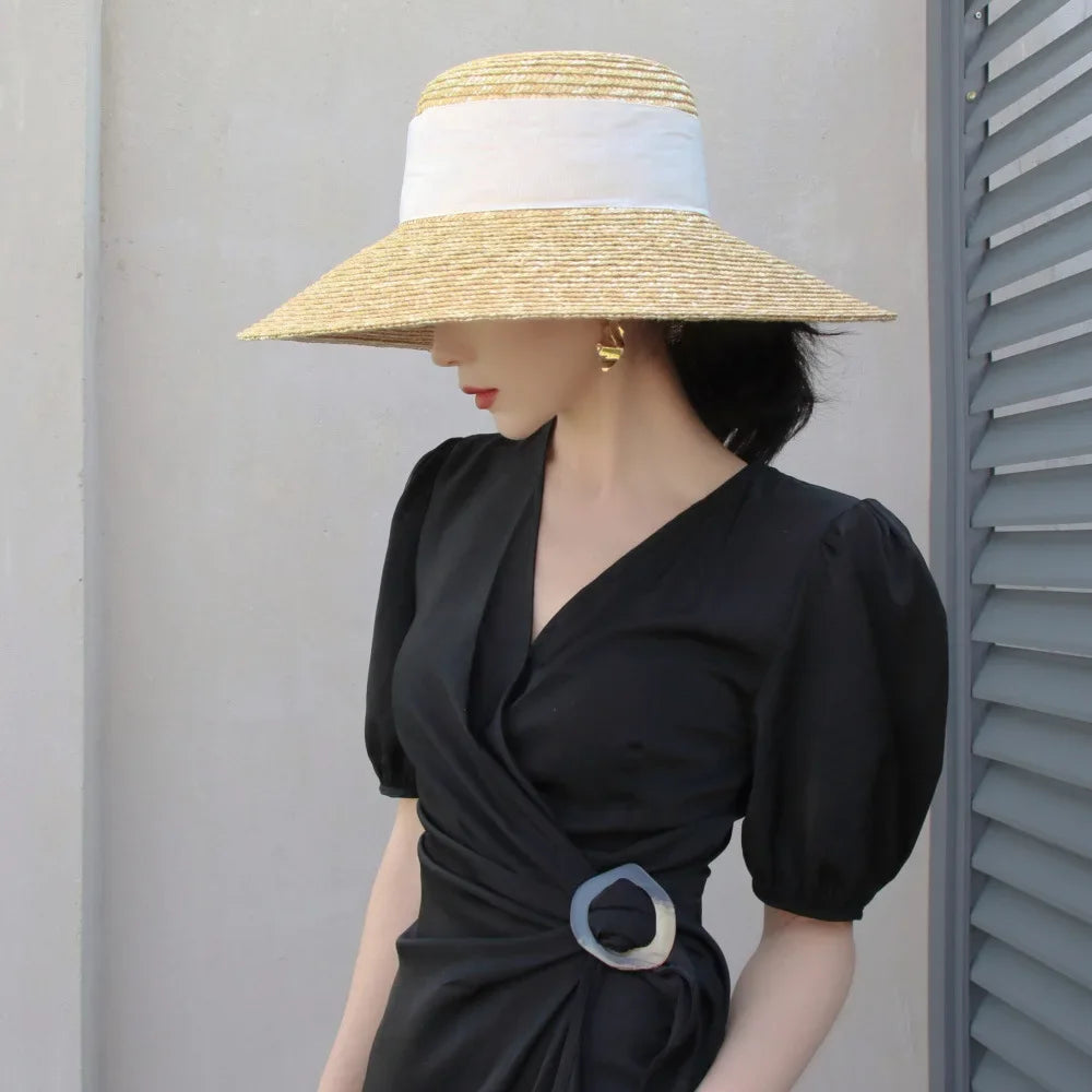 Elegant French Summer Straw Hat for Women - Wide Brim Beach Hat with Bow Ribbon, Seaside Travel Sun Hat