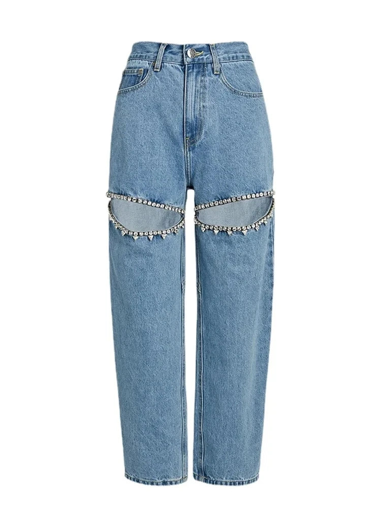 Chic Women Hollowed Out Diamonds Beaded Holes Jeans Rhinestones Straight Denim Pants Crystals Cowboy Trousers Loose Pantalones