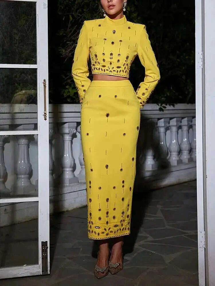 KIMLUD, TWOTWINSTYLE Solid Spliced Diamonds Two Piece Set For Women Stand Collar Long Sleeve Tops High Waist A Line Skirt Set Female New, KIMLUD Womens Clothes