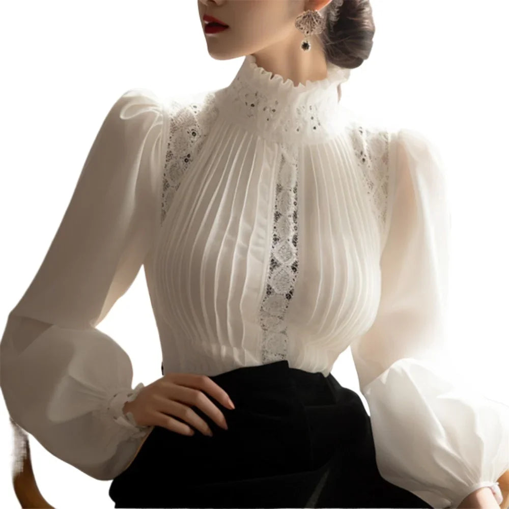 2024 Spring Ladies Patchwork Lace Hollow Out Long Sleeve Shirt Tops New Korean Fashion Women's Solid Color Stand Collar Blouses