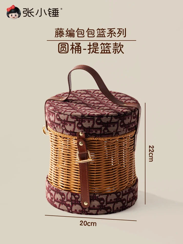 Rattan Woven Handbag with Storage Box Forest Department Pastoral Beach Holiday Wind Female Bag INS Wind Handbag