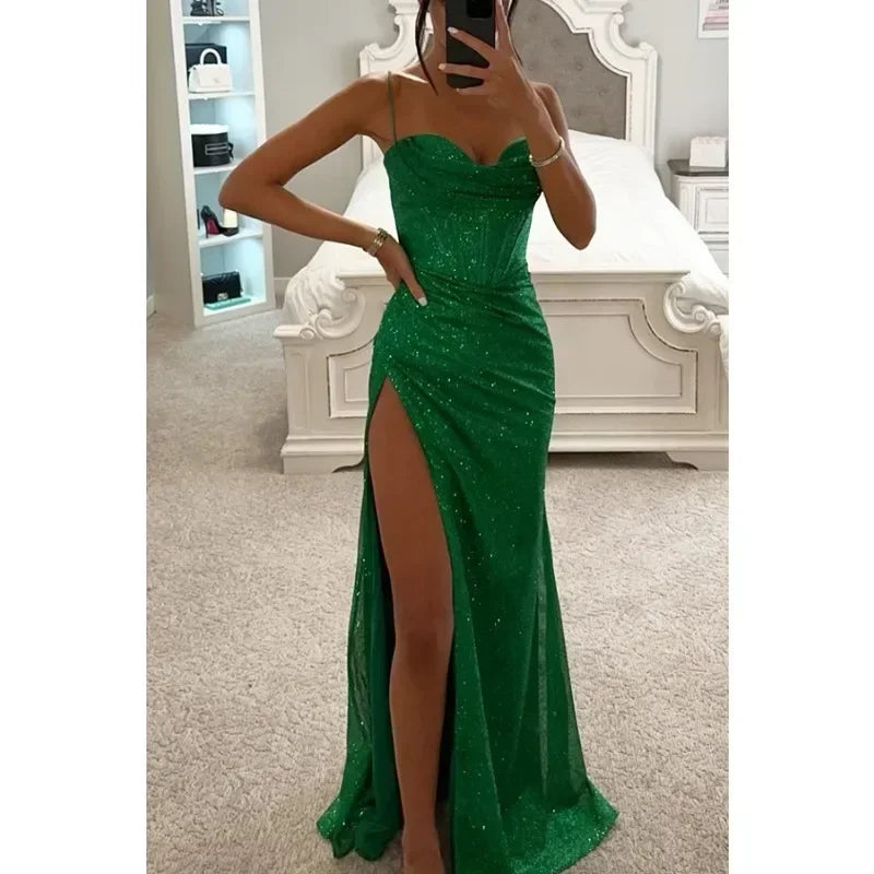Women's S-XL size Party Fashion Suspender Dress with A Straight Neckline Sleeveless Solid Color Slim Fit Slit Casual Long Dress