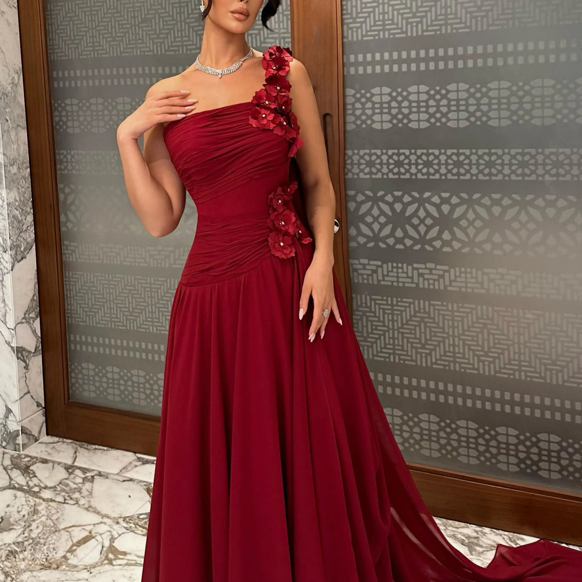One Shoulder Evening Dress – 3D Floral Appliques – Burgundy | KIMLUD
