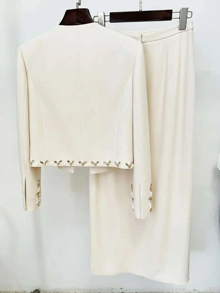 KIMLUD, HIGH QUALITY Newest Fashion 2025 Designer Suit Set Women's Rhinestone Diamonds Beaded Cardigan Jacket Split Half Skirt Set 2pcs, KIMLUD Womens Clothes