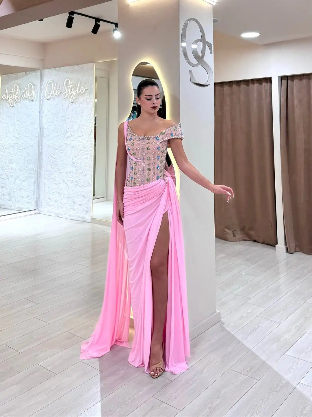 One-Shoulder Beaded Evening Dress – Draped Chiffon – Pink | KIMLUD