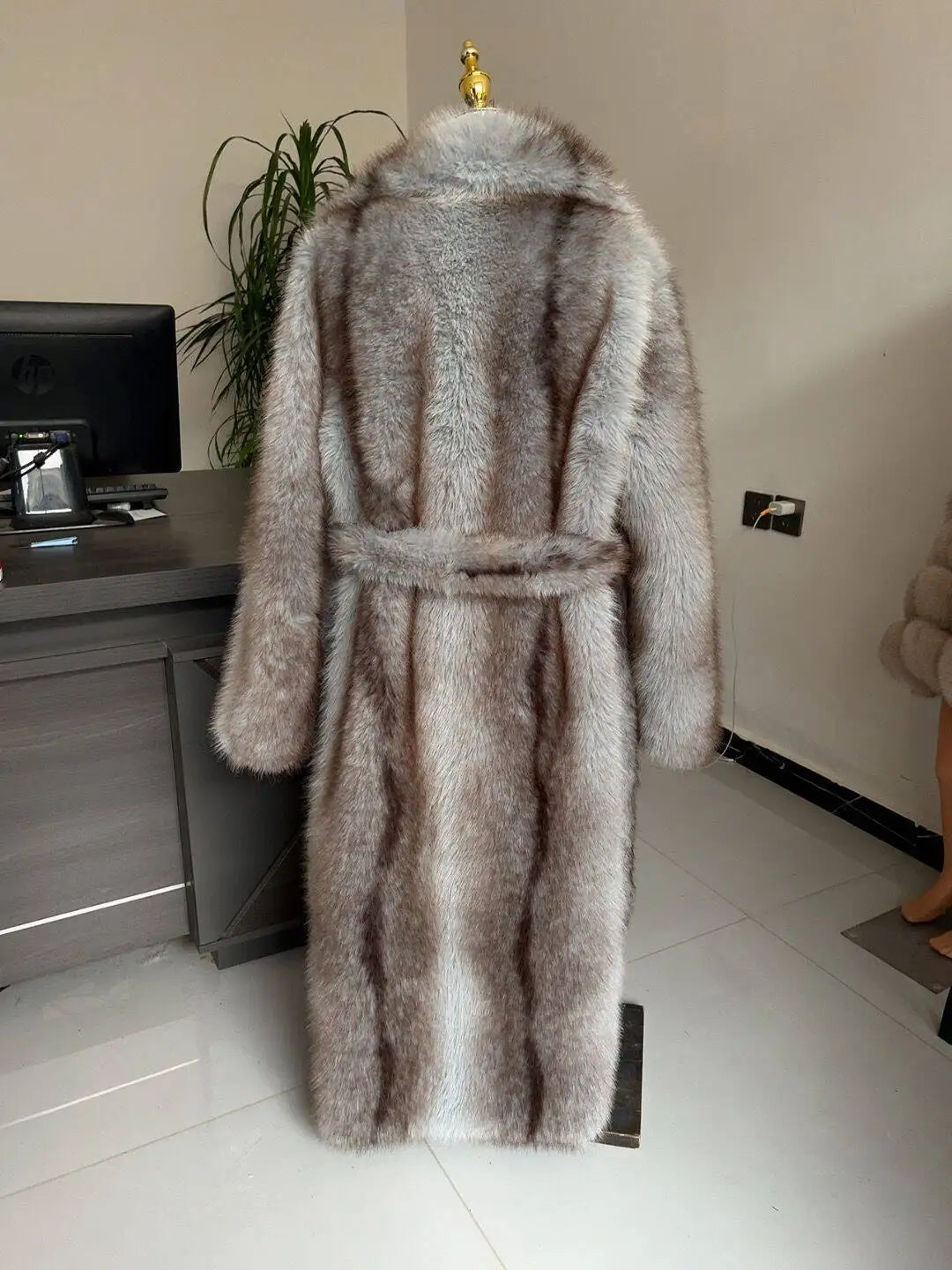 Faux Fur Coat - Long Waistband Design - Faux Fur - Large Collar | KIMLUD