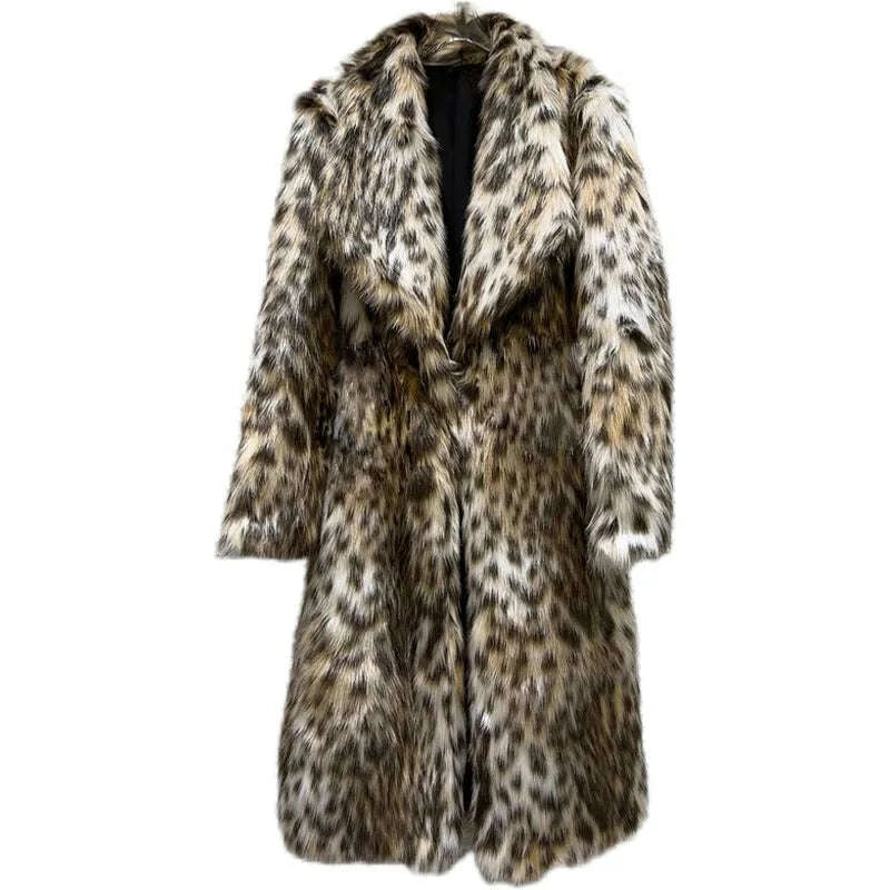 KIMLUD, Women Faux Fur Long Coats Jackets Turn Down Collar Leopard Print Coat Thick Warm Y2k Streetwear Jacket Outerwear Autumn Winter, KIMLUD Womens Clothes