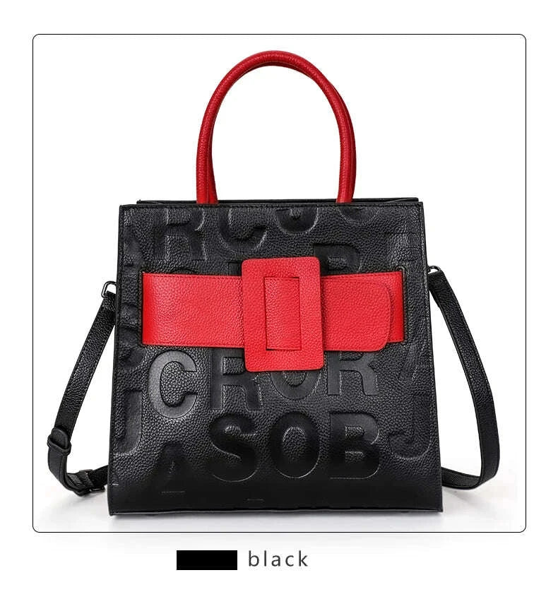 KIMLUD, Aidrani Fashionable women's large capacity handbag with letter print design, made of cowhide material, square, black, KIMLUD Womens Clothes